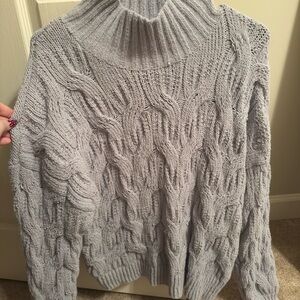 Cozy Gray Cable Knit Turtleneck Sweater